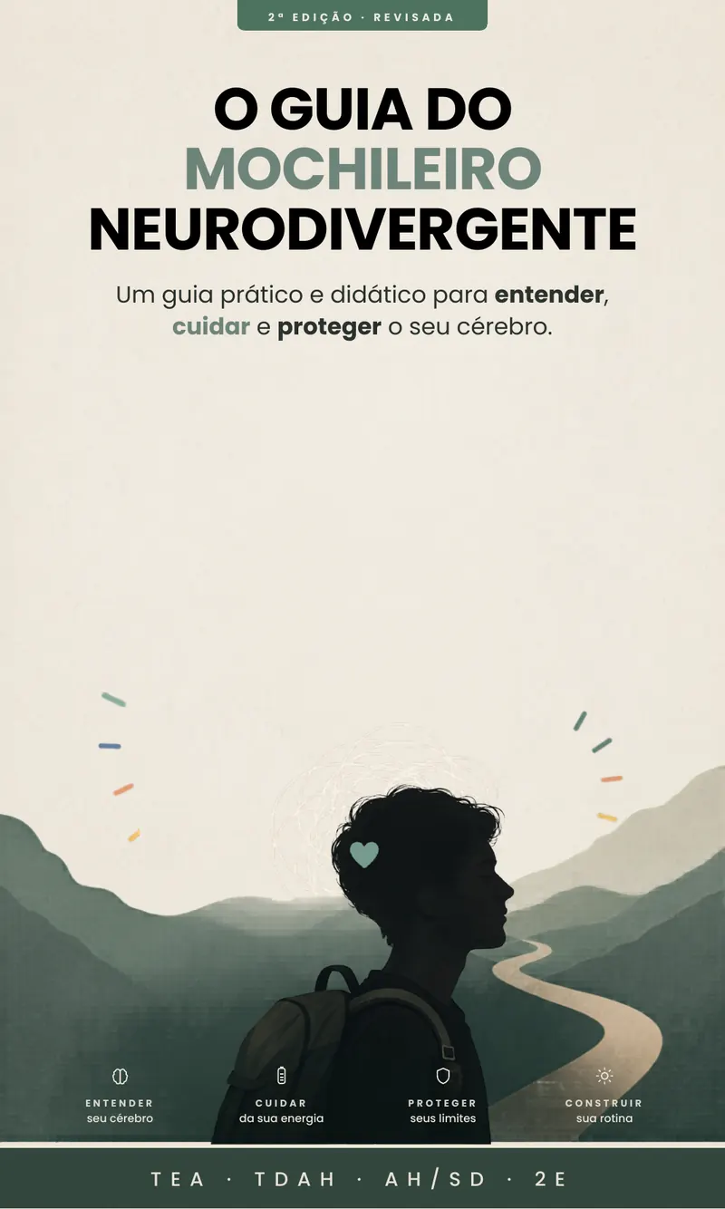 Capa do e-book O Guia do Mochileiro Neurodivergente, 2ª edição revisada: silhueta de uma pessoa com mochila nas costas, diante de montanhas verdes e de uma estrada sinuosa. Na base, as palavras entender, cuidar, proteger e construir.