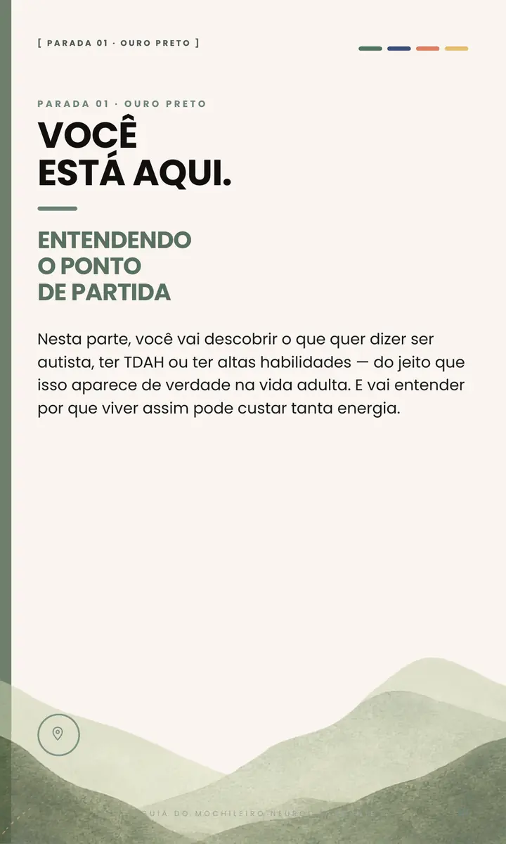 Página 15 do e-book: abertura da Parada 01, Ouro Preto, com o título Você está aqui e uma ilustração de montanhas.