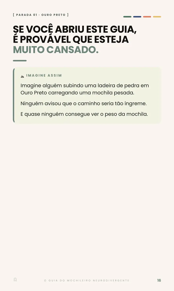 Página 16 do e-book: caixa Imagine assim, com a imagem de alguém subindo uma ladeira de pedra em Ouro Preto carregando uma mochila pesada.