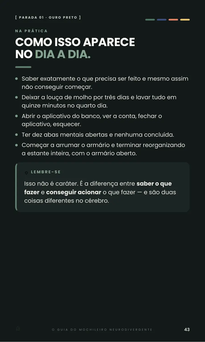 Página 43 do e-book: lista Como isso aparece no dia a dia, com exemplos de dificuldades de funções executivas, e uma caixa Lembre-se.