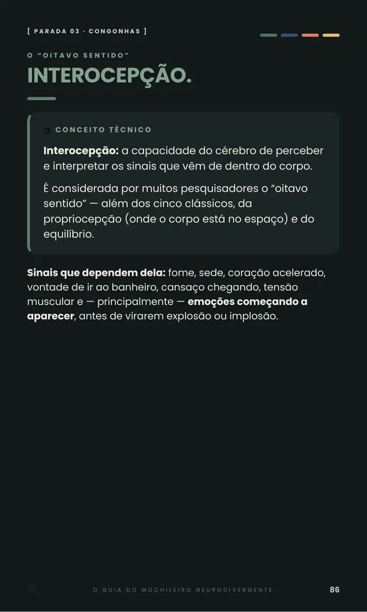 Página 86 do e-book, em fundo escuro: caixa Conceito técnico explicando o que é interocepção.