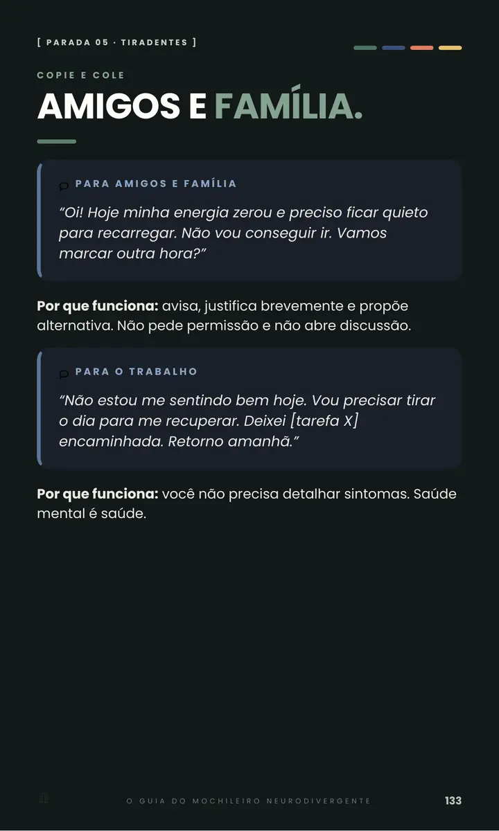 Página 133 do e-book: seção Copie e cole, com frases prontas para avisar amigos, família e trabalho em um dia de pouca energia.